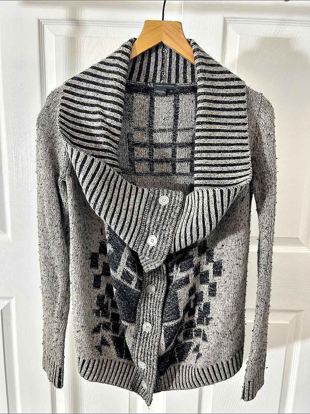 Armani Exchange Geometric Shawl Collar Cardigan Gray & Black Size Extra Small